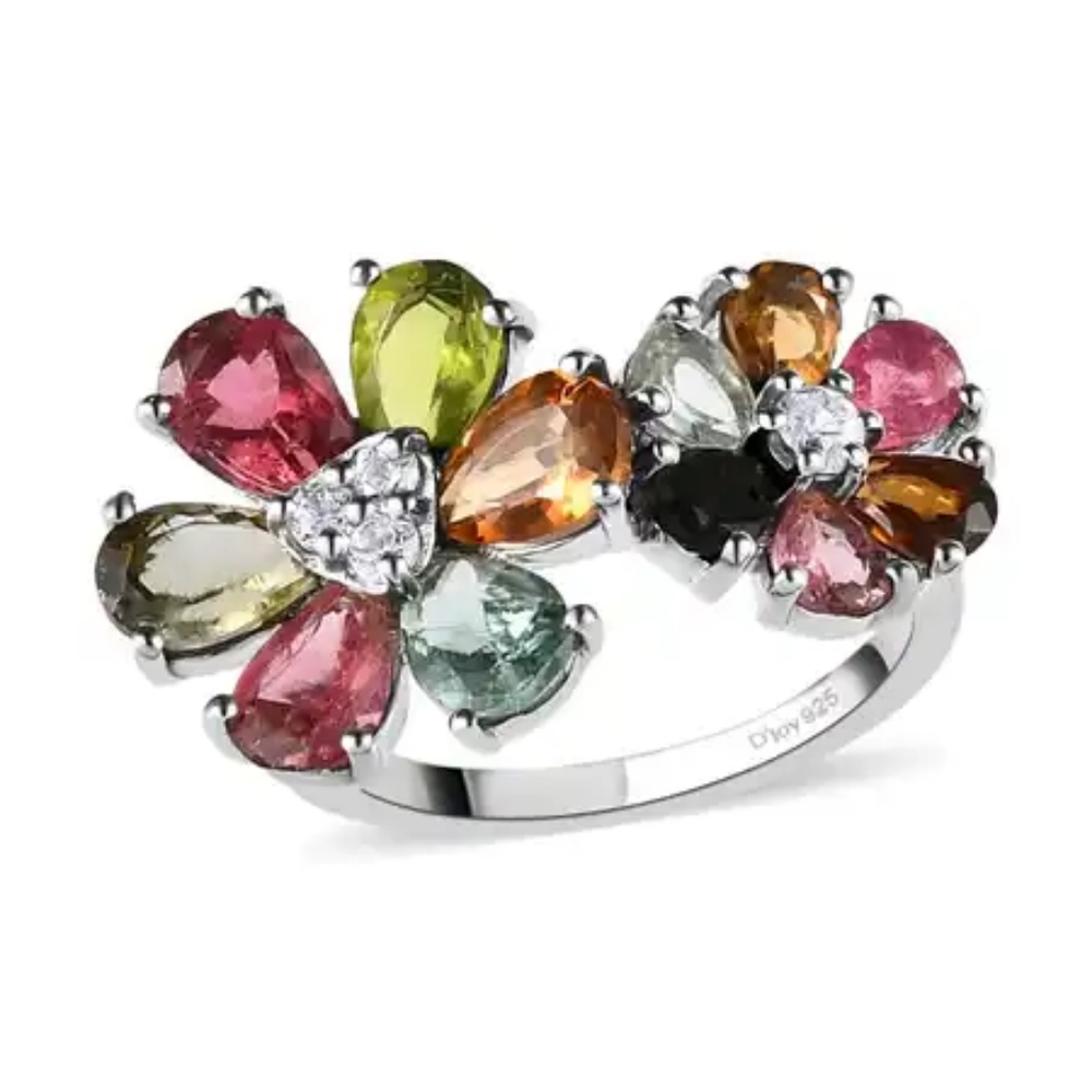 Multi -Tourmaline And White Zircon Floral Ring Platinum Over Sterling Silver